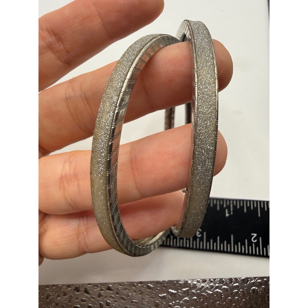 Silver Tone Glitter Textured Oversized Hoop Earrings 3 Inch Large Fashion Hoops